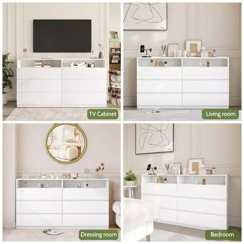 Modern Dresser 6 Drawer Dresser for Bedroom with LED Lights/Power Outlet,Double Wide Drawer Storage Organizer TV Stand for Living Room