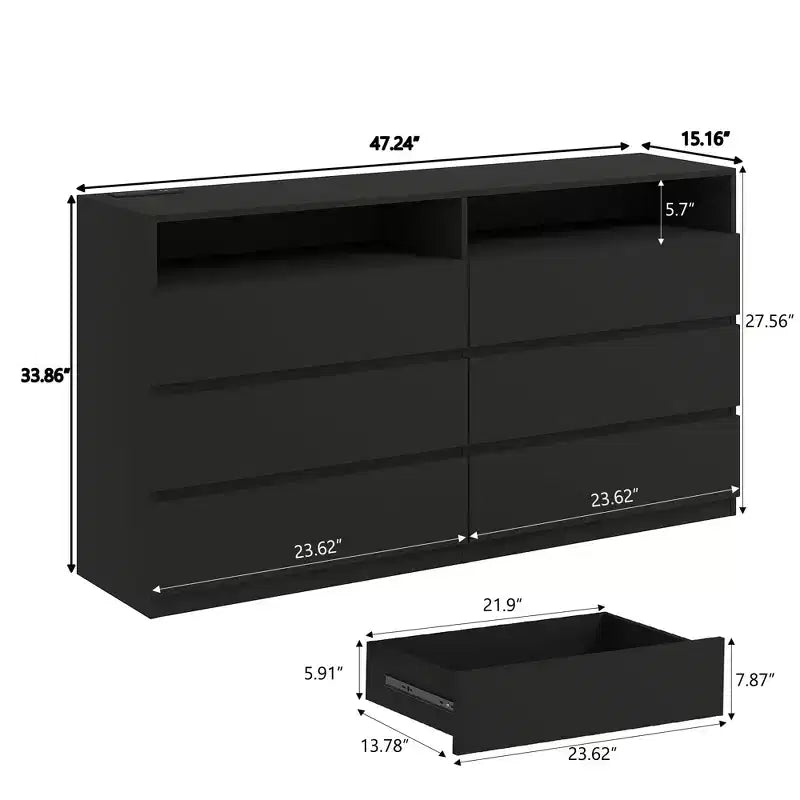 Commode moderne à 6 tiroirs pour chambre avec éclairage LED et prise électrique, meuble de rangement double largeur avec tiroirs, meuble TV pour salon