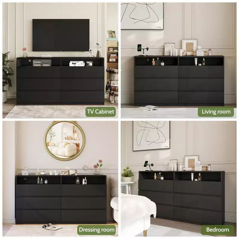 Modern Dresser 6 Drawer Dresser for Bedroom with LED Lights/Power Outlet,Double Wide Drawer Storage Organizer TV Stand for Living Room