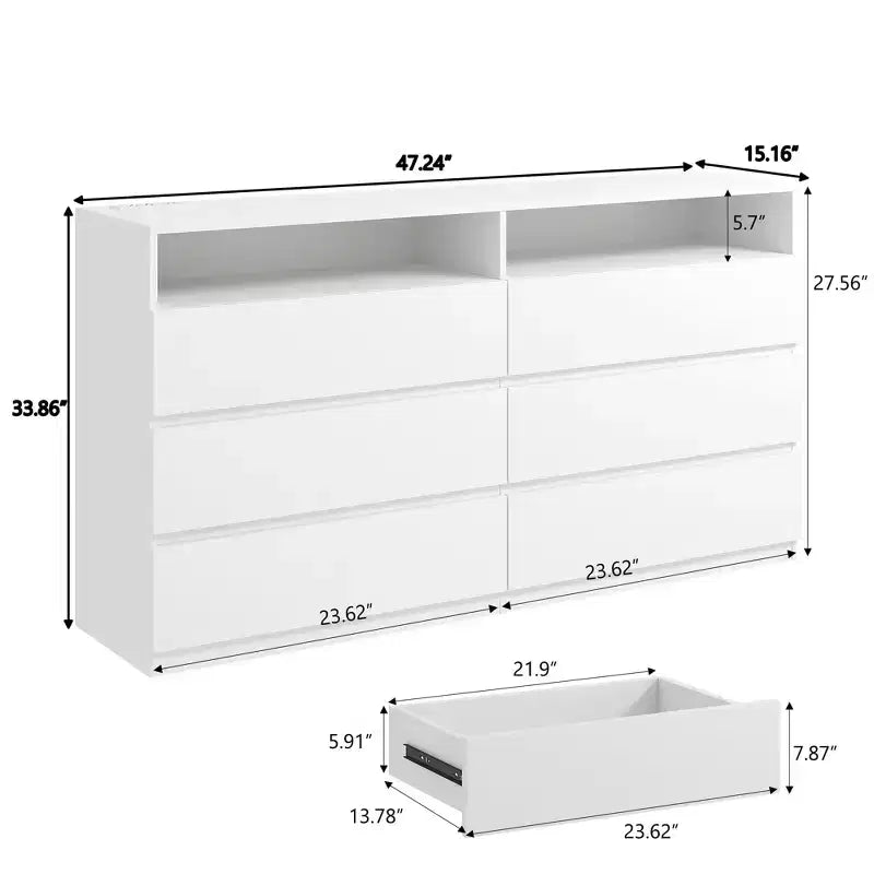Modern Dresser 6 Drawer Dresser for Bedroom with LED Lights/Power Outlet,Double Wide Drawer Storage Organizer TV Stand for Living Room