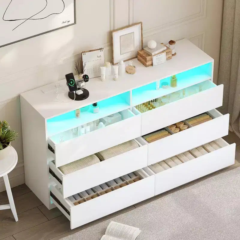 Commode moderne à 6 tiroirs pour chambre avec éclairage LED et prise électrique, meuble de rangement double largeur avec tiroirs, meuble TV pour salon