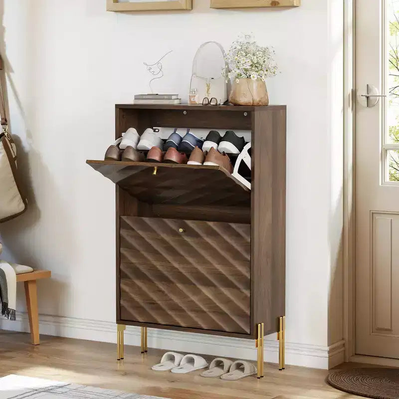 Meuble à chaussures moderne autoportant avec 2 tiroirs basculants, rangement de style mi-siècle pour couloirs et entrées