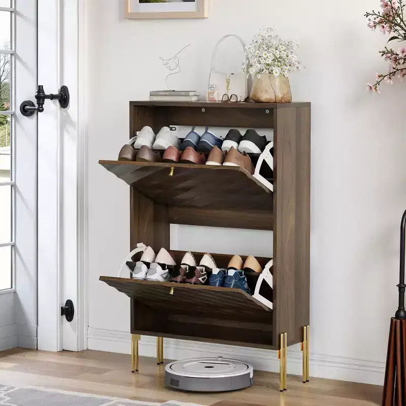 Meuble à chaussures moderne autoportant avec 2 tiroirs basculants, rangement de style mi-siècle pour couloirs et entrées