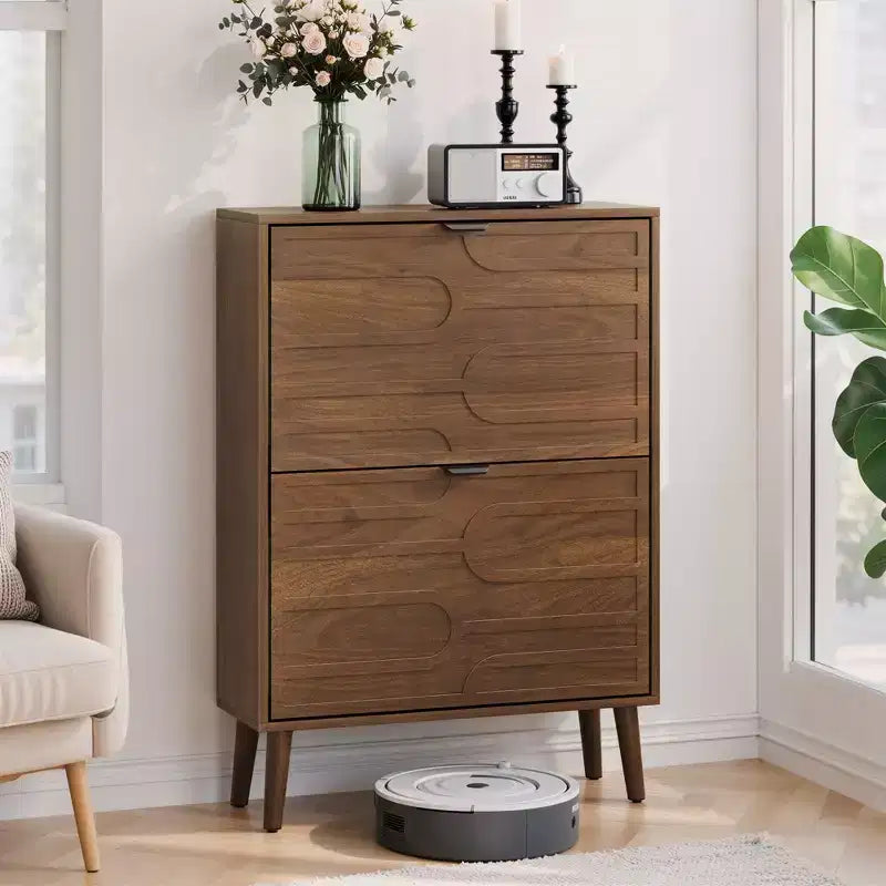 Meuble à chaussures moderne autoportant avec 2 tiroirs basculants, rangement de style mi-siècle pour couloirs et entrées
