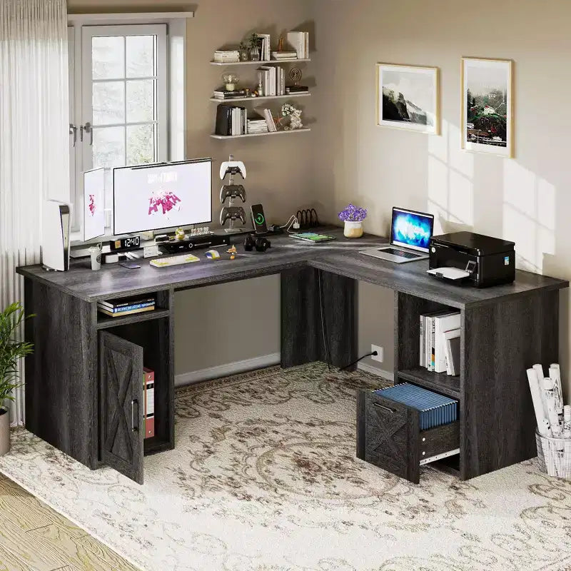 Escritorio esquinero en forma de L de 60 pulgadas para computadora, con cajón para archivos y armario de almacenamiento, para oficina en casa o estudio