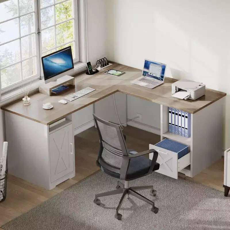 Escritorio esquinero en forma de L de 60 pulgadas para computadora, con cajón para archivos y armario de almacenamiento, para oficina en casa o estudio