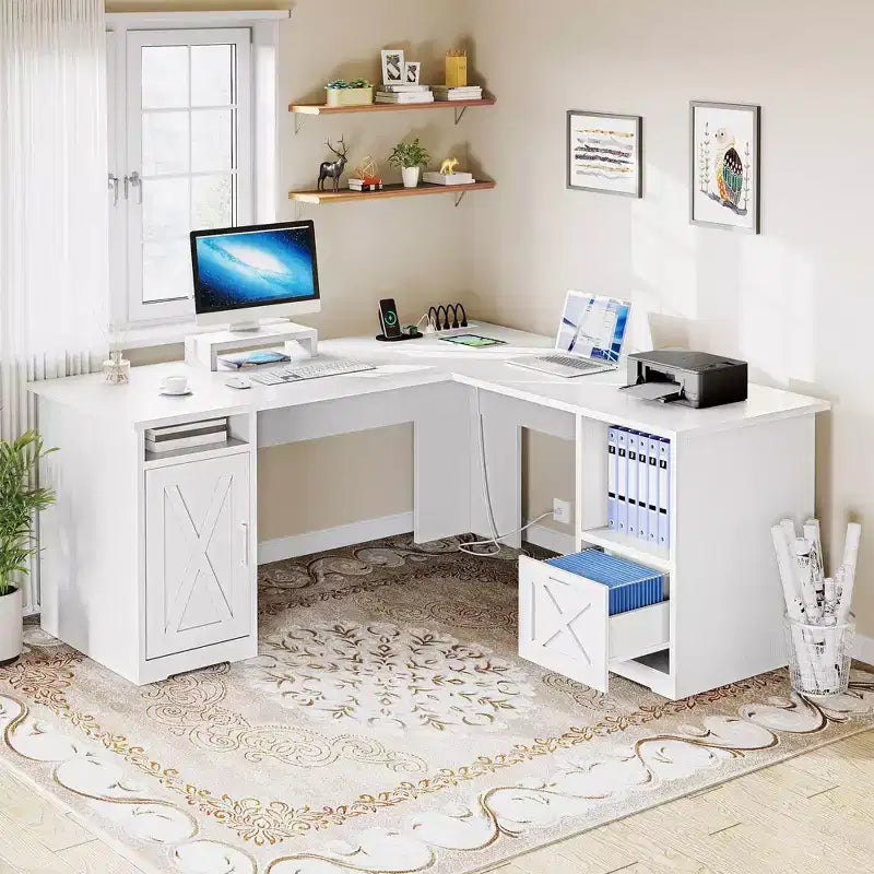 Escritorio esquinero en forma de L de 60 pulgadas para computadora, con cajón para archivos y armario de almacenamiento, para oficina en casa o estudio