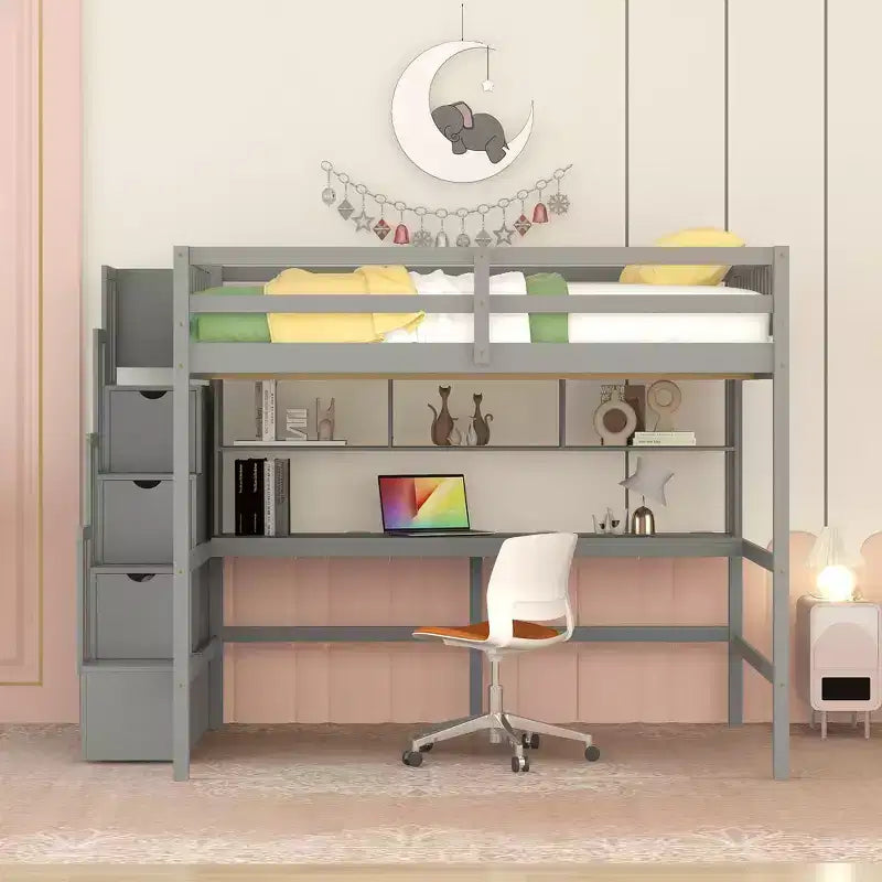 Cama alta de tamaño matrimonial con escritorio integrado, estantes y escalera de almacenamiento para dormitorio, gris