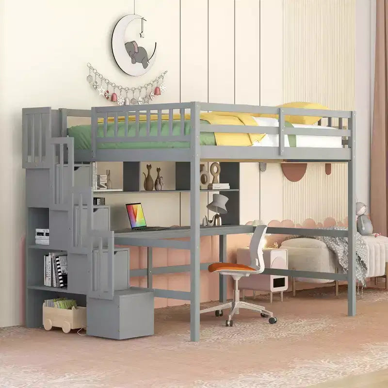 Full Size Loft Bed with Built-in Desk, Storage Shelves & Storage Staircase for Bedroom Gray