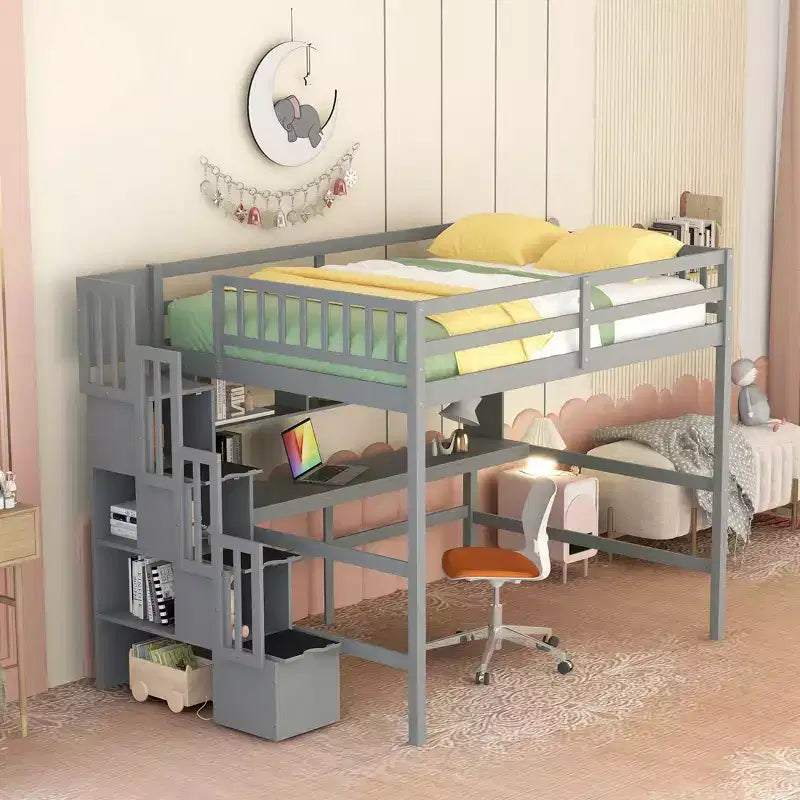 Cama alta de tamaño matrimonial con escritorio integrado, estantes y escalera de almacenamiento para dormitorio, gris
