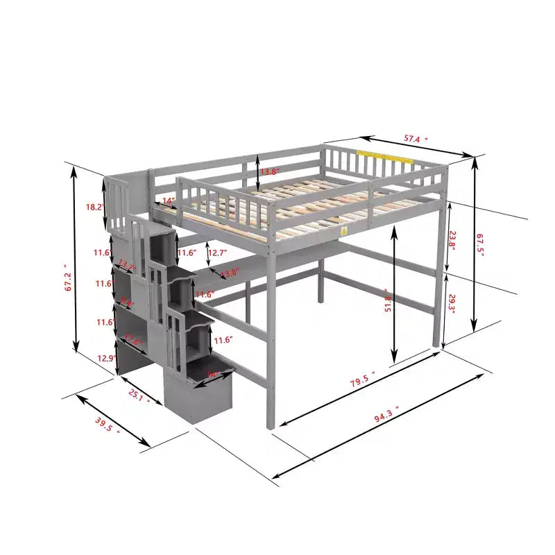 Full Size Loft Bed with Built-in Desk, Storage Shelves & Storage Staircase for Bedroom Gray