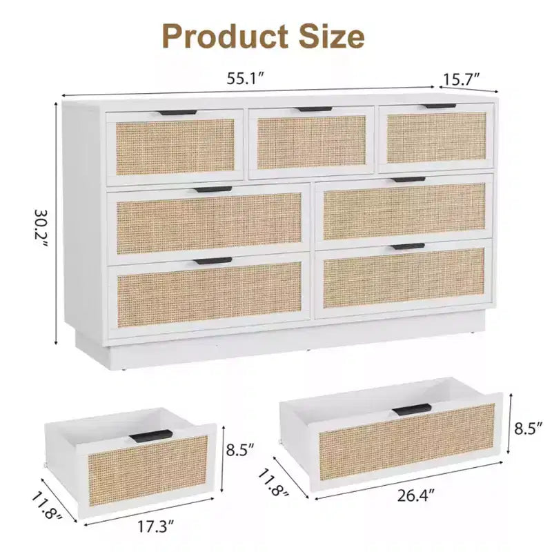 Commode en rotin à 7 tiroirs, large de 55in, avec poignées en métal et base robuste en bois, pour chambre, salon ou chambre de bébé