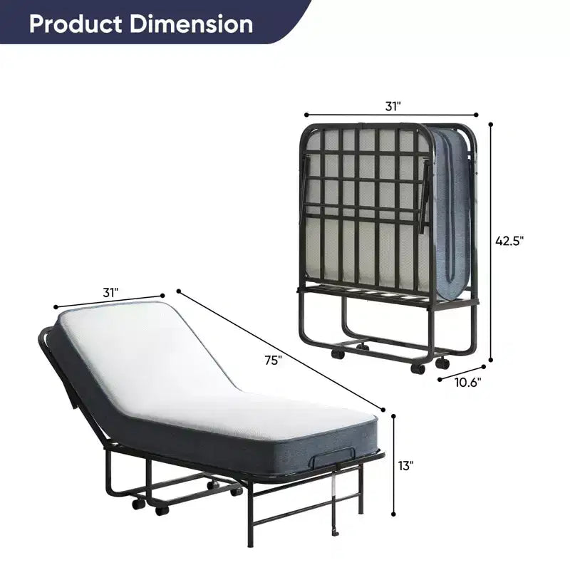 Folding Bed with 5''Mattress,Portable Guest Bed Camping Cot,Soft Padded Rollaway Sleeping Bed with Wheels,Twin Size