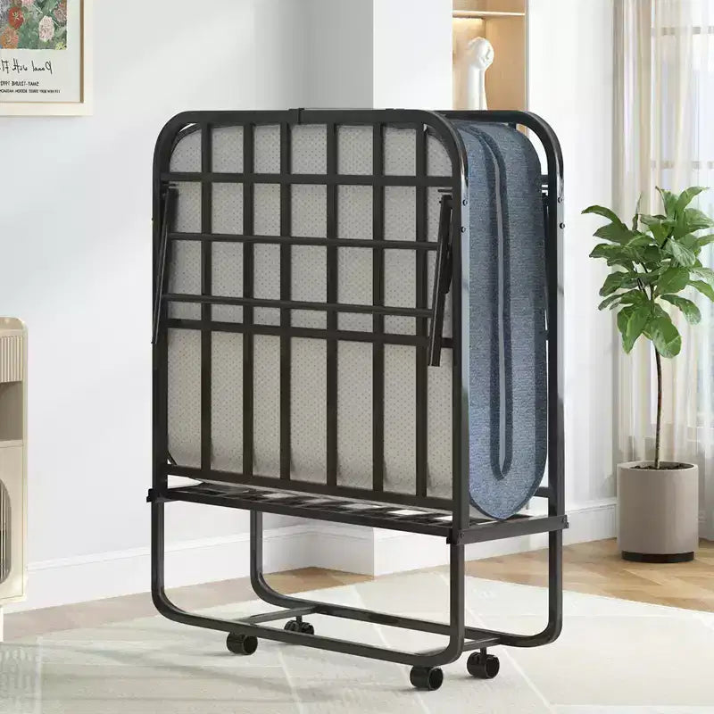 Folding Bed with 5''Mattress,Portable Guest Bed Camping Cot,Soft Padded Rollaway Sleeping Bed with Wheels,Twin Size