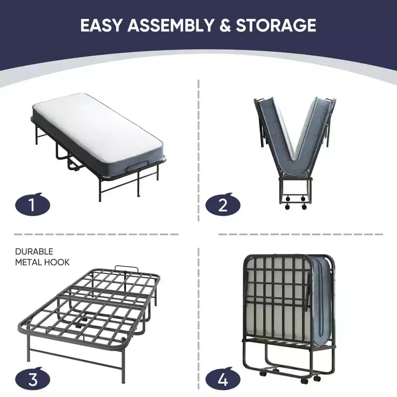 Folding Bed with 5''Mattress,Portable Guest Bed Camping Cot,Soft Padded Rollaway Sleeping Bed with Wheels,Twin Size