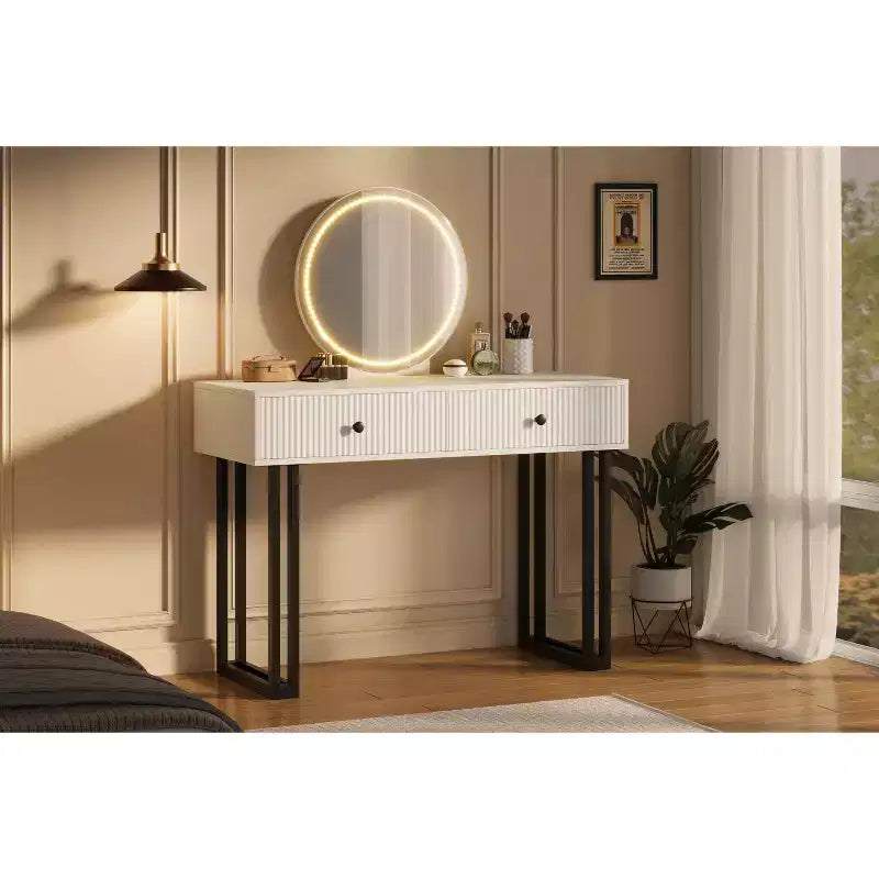Tocador redondo con espejo y dos cajones - Estilo moderno, iluminación, resistente estructura de hierro, construcción de MDF y dos cajones espaciosos