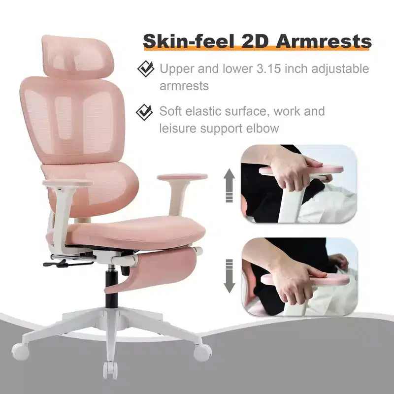 Chaise de bureau rose en résille avec repose-pieds, accoudoirs réglables, soutien lombaire et appuie-tête, roulettes silencieuses à 360°