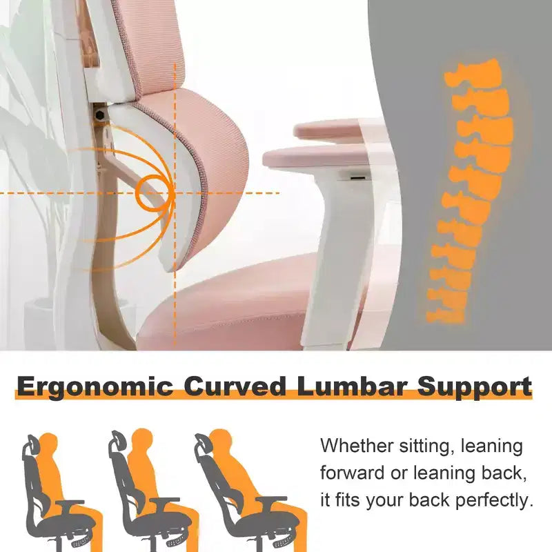 Chaise de bureau rose en résille avec repose-pieds, accoudoirs réglables, soutien lombaire et appuie-tête, roulettes silencieuses à 360°