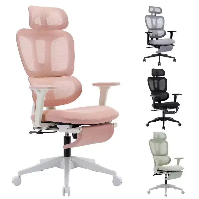 Chaise de bureau rose en résille avec repose-pieds, accoudoirs réglables, soutien lombaire et appuie-tête, roulettes silencieuses à 360°