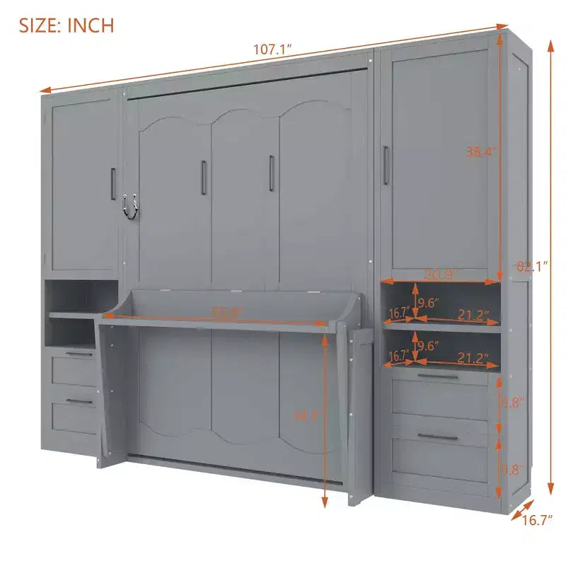 Cama abatible de pared tamaño matrimonial con armario, cama plegable de pared con cajones y estantes de almacenamiento para habitación de invitados u oficina