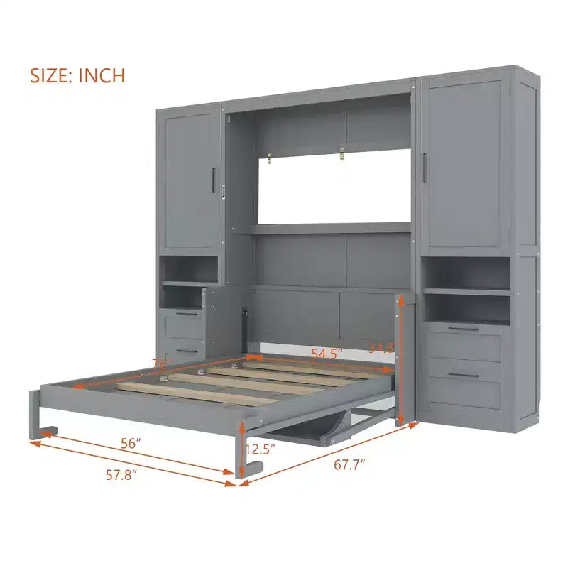 Cama abatible de pared tamaño matrimonial con armario, cama plegable de pared con cajones y estantes de almacenamiento para habitación de invitados u oficina