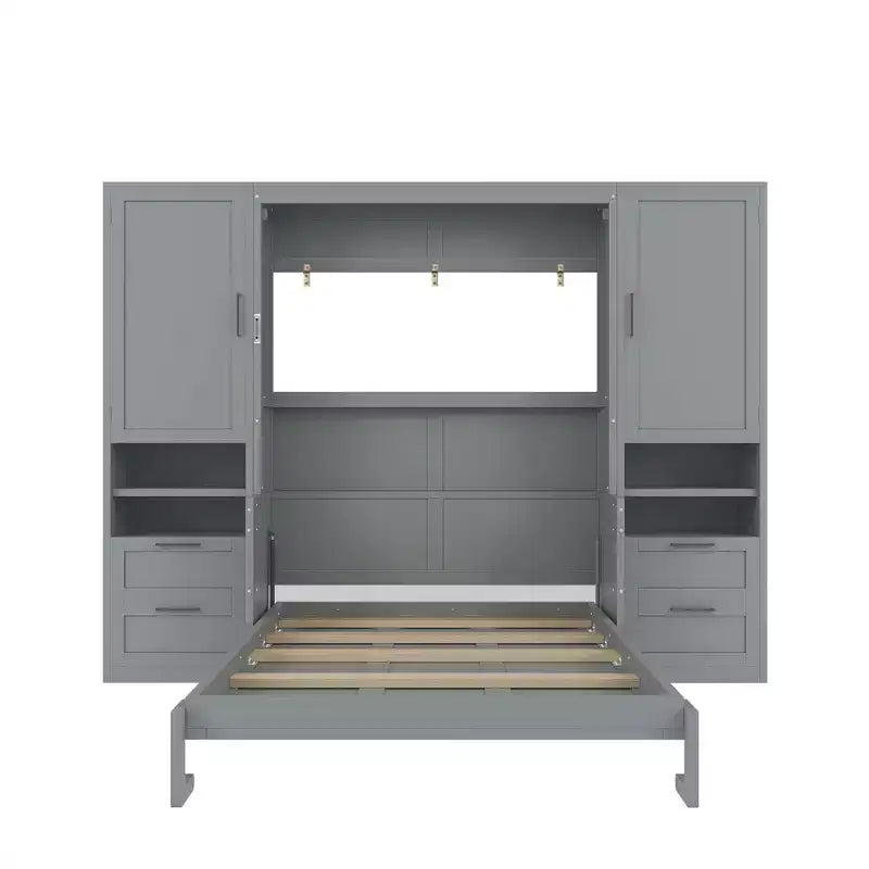 Cama abatible de pared tamaño matrimonial con armario, cama plegable de pared con cajones y estantes de almacenamiento para habitación de invitados u oficina