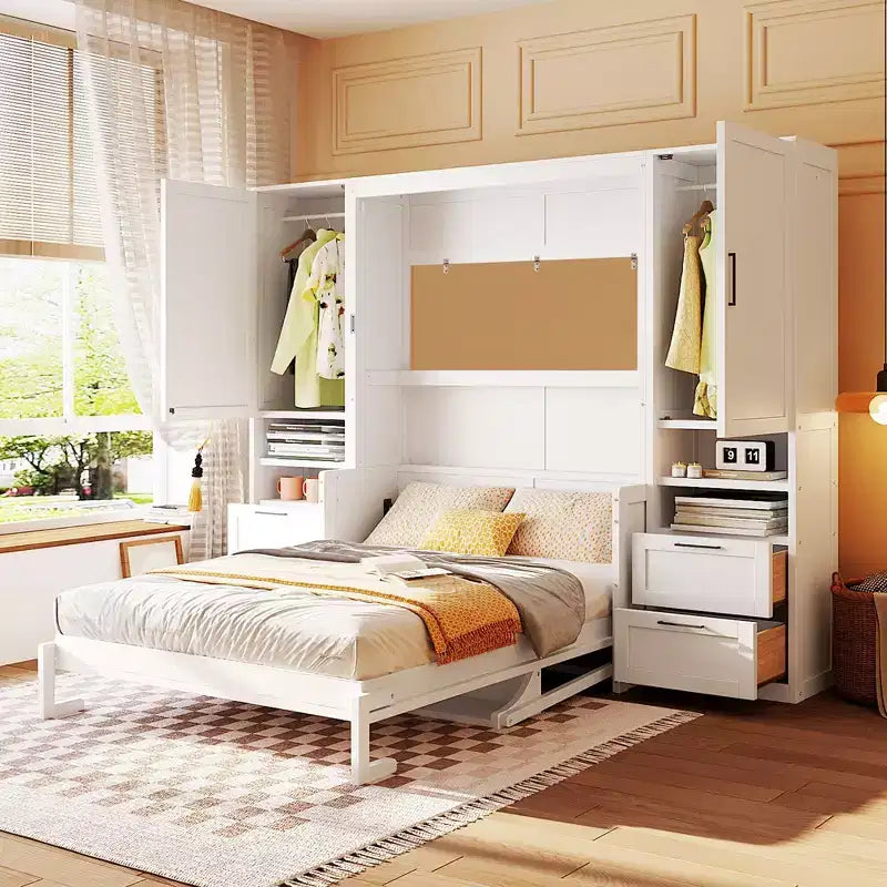 Cama abatible de pared tamaño matrimonial con armario, cama plegable de pared con cajones y estantes de almacenamiento para habitación de invitados u oficina