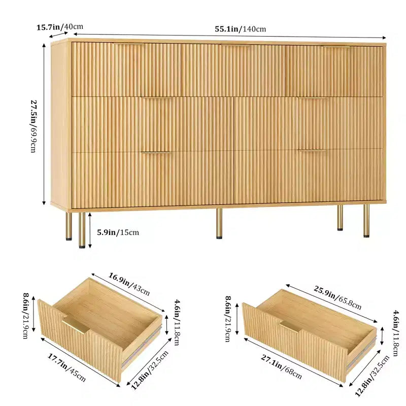 7-Drawer Fluted Dresser with Gold Handles, Modern Storage Chest Organizer for Bedroom, Living Room, Hallway