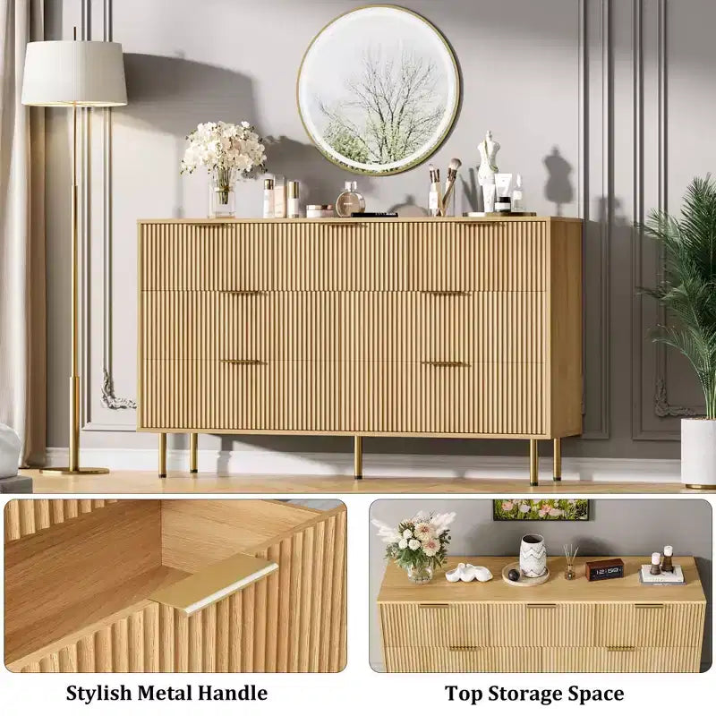 7-Drawer Fluted Dresser with Gold Handles, Modern Storage Chest Organizer for Bedroom, Living Room, Hallway