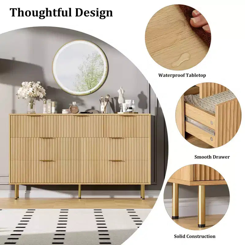 7-Drawer Fluted Dresser with Gold Handles, Modern Storage Chest Organizer for Bedroom, Living Room, Hallway