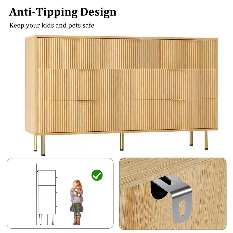7-Drawer Fluted Dresser with Gold Handles, Modern Storage Chest Organizer for Bedroom, Living Room, Hallway