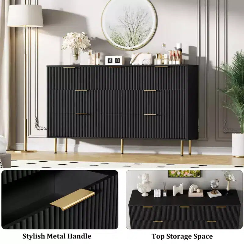 7-Drawer Fluted Dresser with Gold Handles, Modern Storage Chest Organizer for Bedroom, Living Room, Hallway