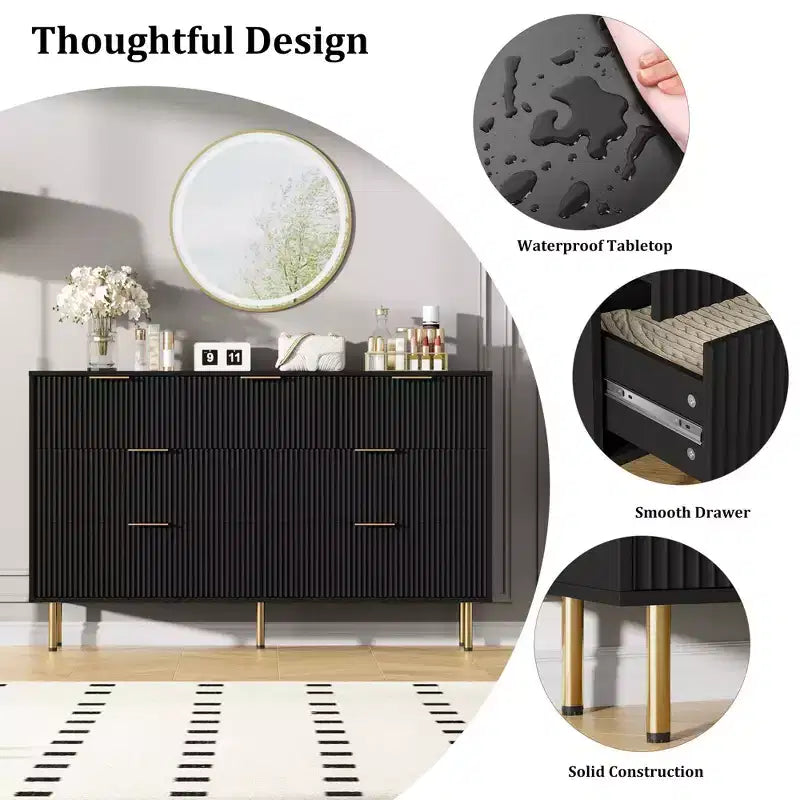 Commode cannelée à 7 tiroirs avec poignées dorées, rangement moderne pour chambre, salon ou couloir