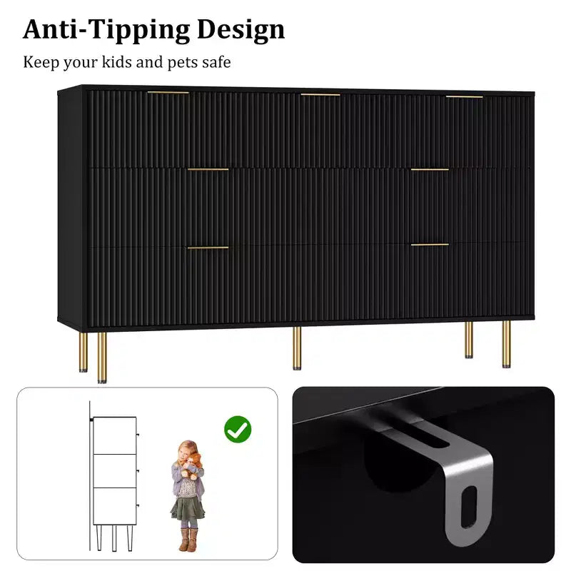 7-Drawer Fluted Dresser with Gold Handles, Modern Storage Chest Organizer for Bedroom, Living Room, Hallway