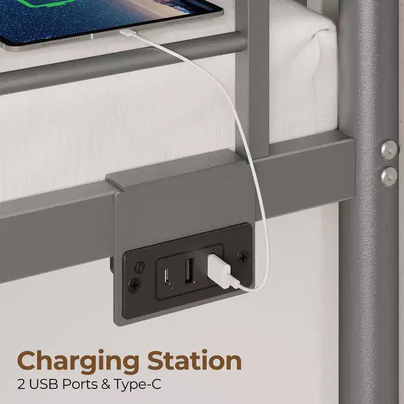 Lit superposé en métal avec tiroirs de rangement, station de recharge et éclairage LED, garde-corps de sécurité et échelle, noir