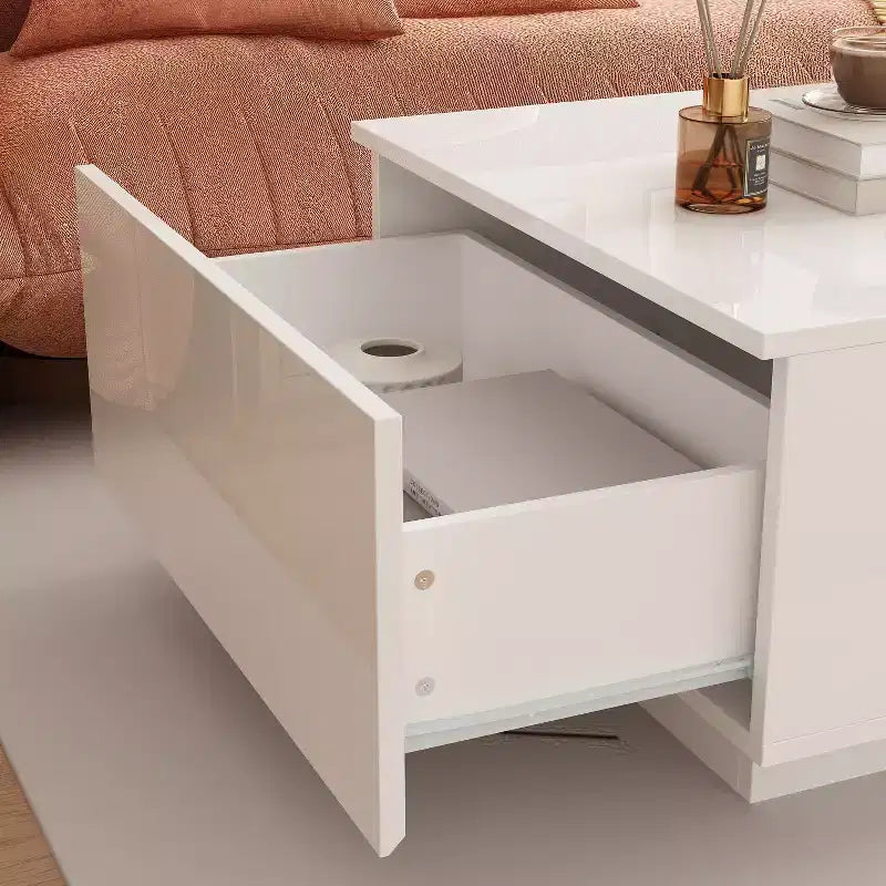 Weißer LED-Couchtisch in Hochglanzoptik, Mehrzonen-Stauraum mit Schublade und offenen Fächern