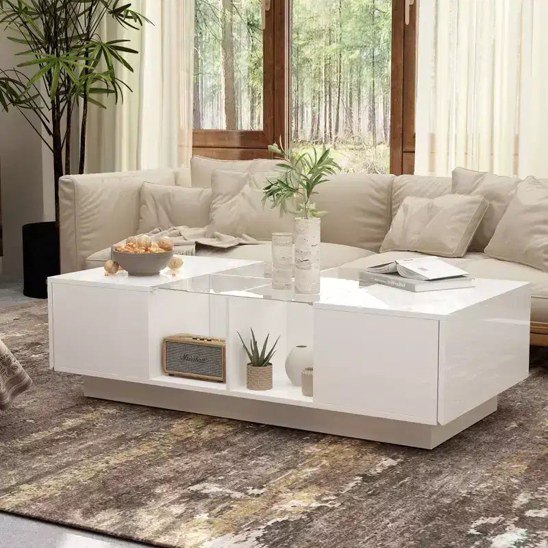White High-Gloss LED Coffee Table  Multi-Zone Storage with Drawer & Open Compartments