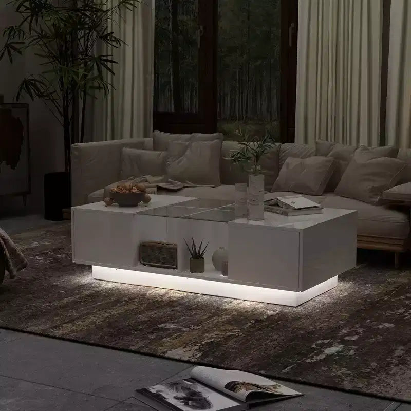 White High-Gloss LED Coffee Table  Multi-Zone Storage with Drawer & Open Compartments