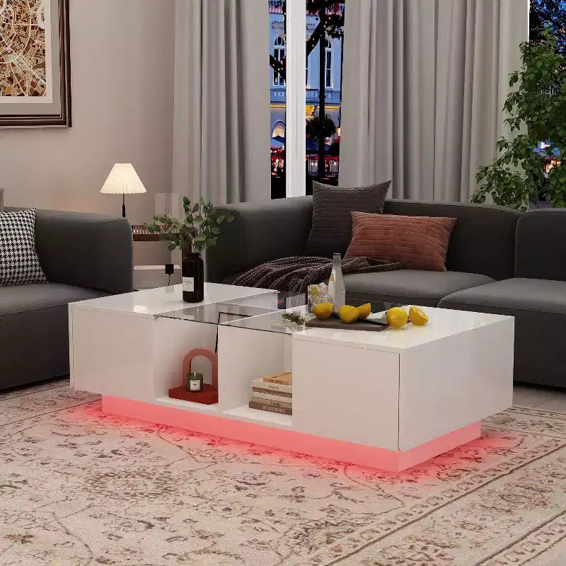White High-Gloss LED Coffee Table  Multi-Zone Storage with Drawer & Open Compartments