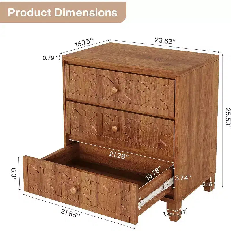 Nightstand with 3 Drawers, Farmhouse Bedside Table with Elegant Patterns, Industrial Night Stand End Table for Bedroom, Brown