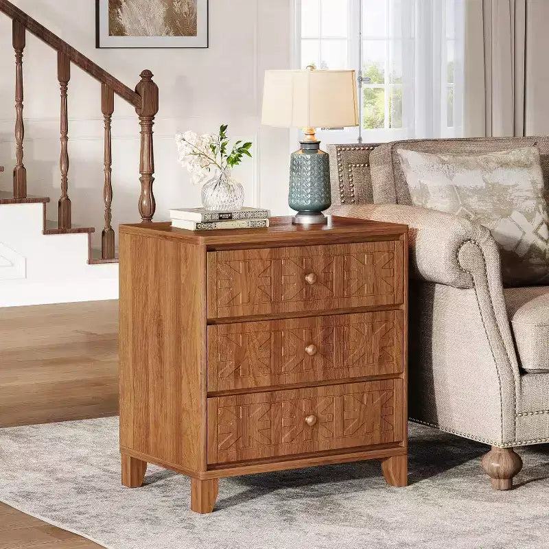 Nightstand with 3 Drawers, Farmhouse Bedside Table with Elegant Patterns, Industrial Night Stand End Table for Bedroom, Brown