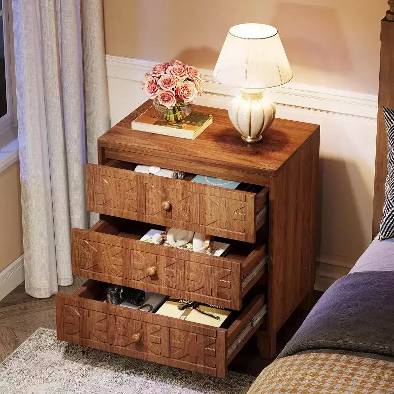 Mesa de noche con 3 cajones, estilo casa de campo, con elegantes diseños; mesa auxiliar industrial para dormitorio, marrón