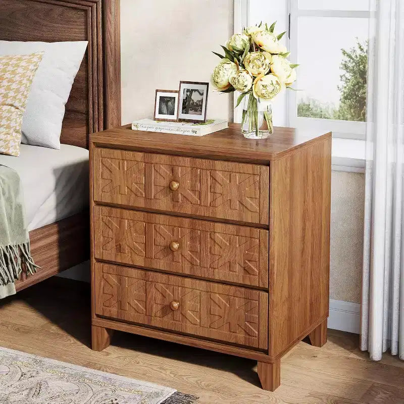 Nightstand with 3 Drawers, Farmhouse Bedside Table with Elegant Patterns, Industrial Night Stand End Table for Bedroom, Brown