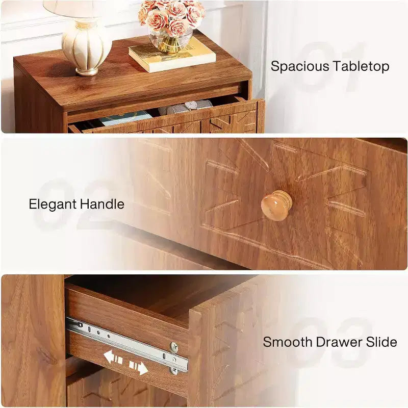 Nightstand with 3 Drawers, Farmhouse Bedside Table with Elegant Patterns, Industrial Night Stand End Table for Bedroom, Brown