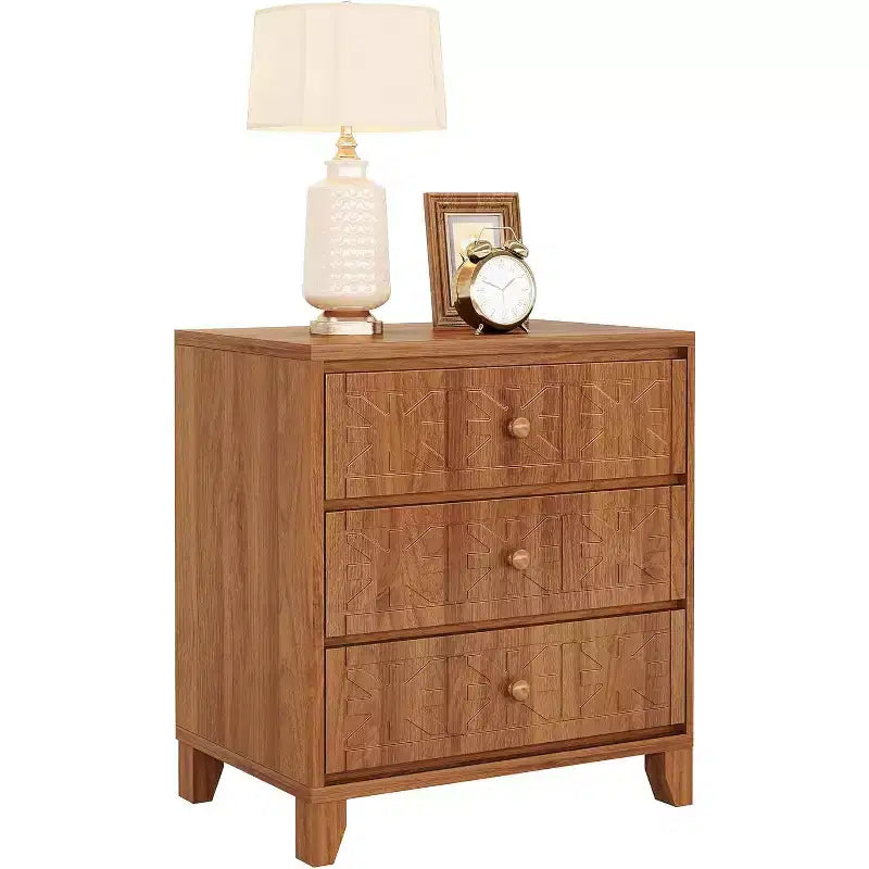 Nightstand with 3 Drawers, Farmhouse Bedside Table with Elegant Patterns, Industrial Night Stand End Table for Bedroom, Brown