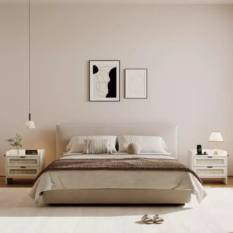Lot de 2 tables de chevet en rotin avec station de recharge Type-C, style bohème, 2 tiroirs aspect rotin, pour chambre
