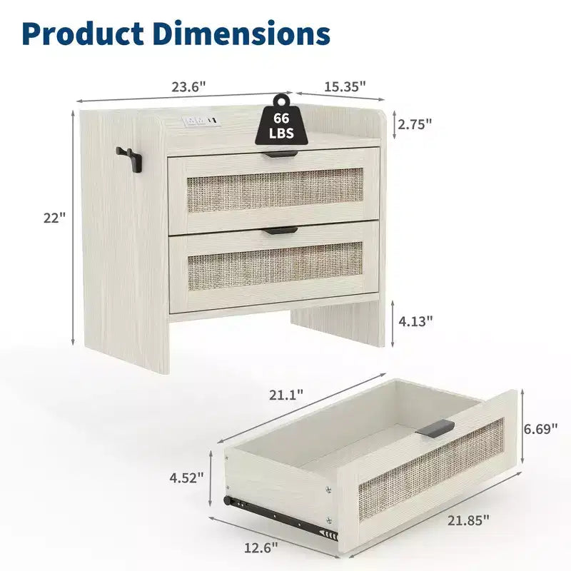 Lot de 2 tables de chevet en rotin avec station de recharge Type-C, style bohème, 2 tiroirs aspect rotin, pour chambre