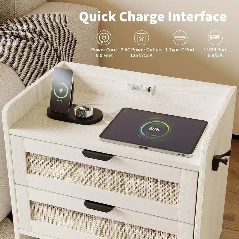 Lot de 2 tables de chevet en rotin avec station de recharge Type-C, style bohème, 2 tiroirs aspect rotin, pour chambre
