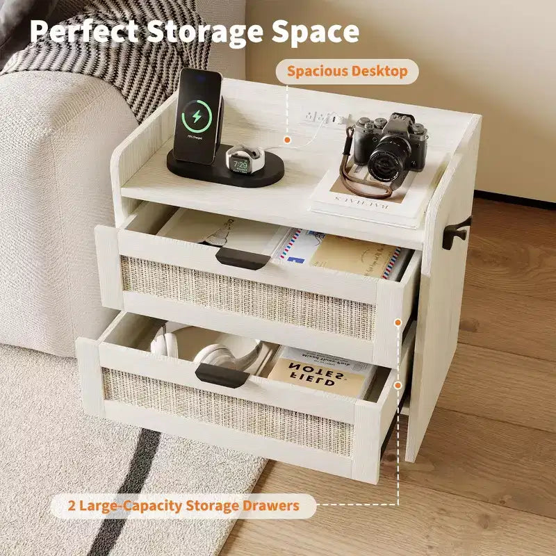 Lot de 2 tables de chevet en rotin avec station de recharge Type-C, style bohème, 2 tiroirs aspect rotin, pour chambre
