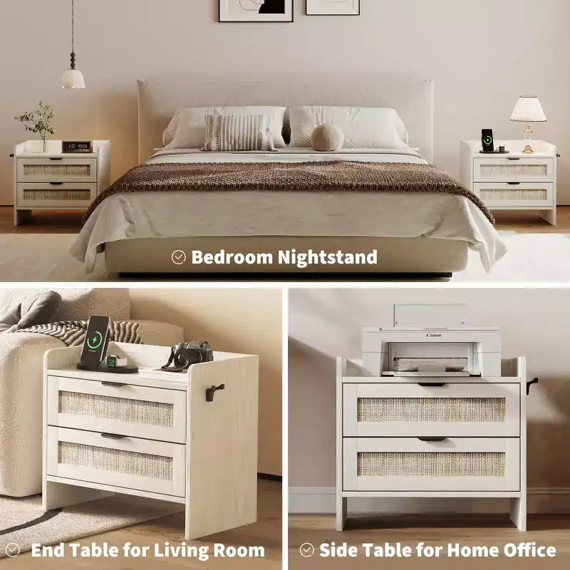Lot de 2 tables de chevet en rotin avec station de recharge Type-C, style bohème, 2 tiroirs aspect rotin, pour chambre